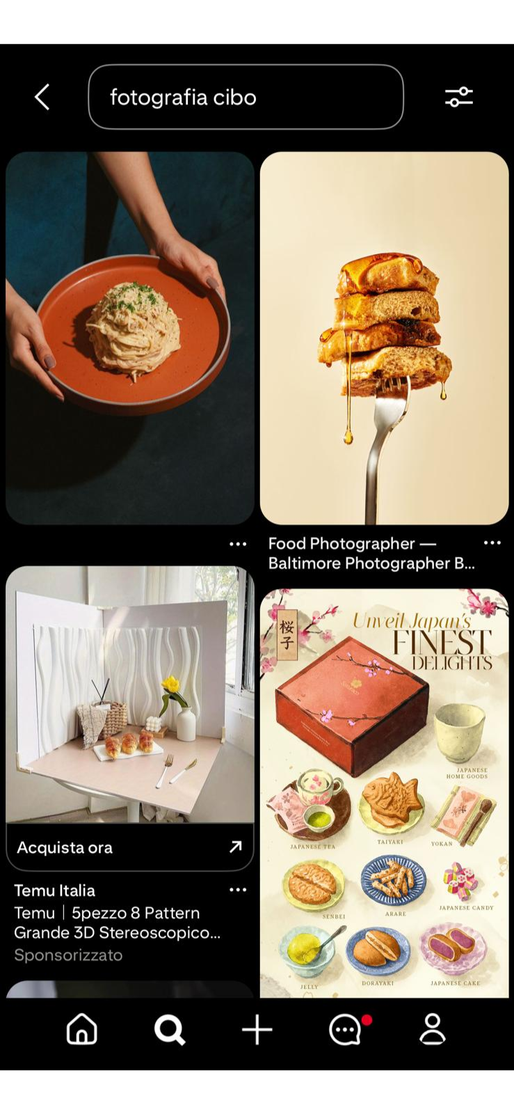 Foto della schermata di Pinterest che mostra i risultati della schermata della ricerca: "foto di cibo". Diversi piatti di food photography