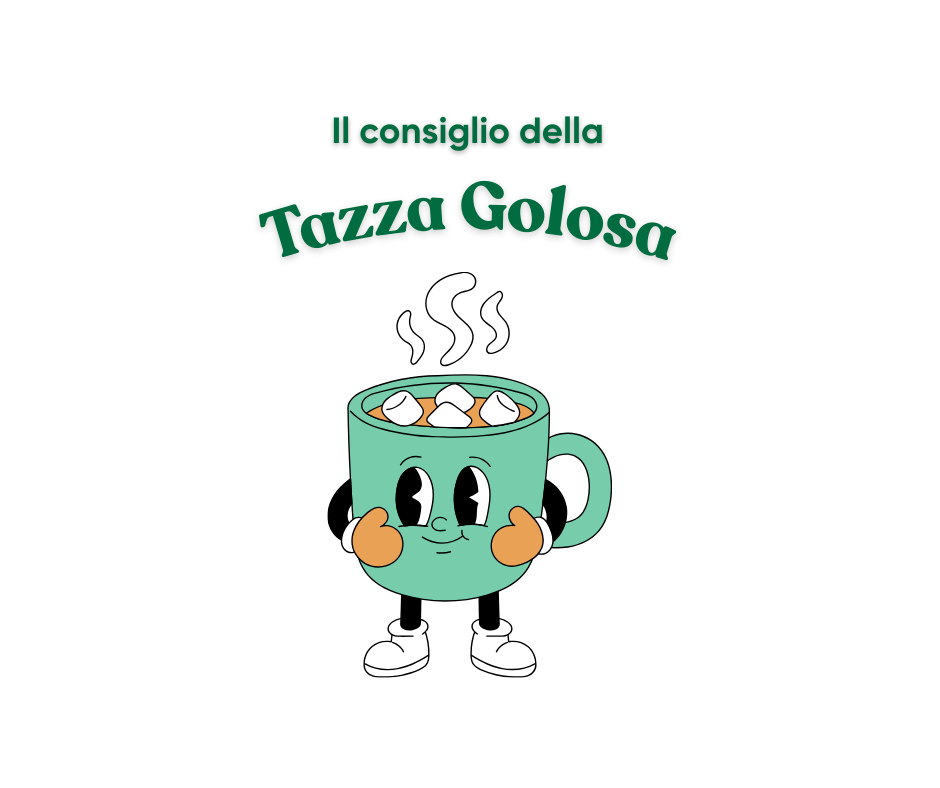 Illustrazione natalizia con la mascotte ‘La Tazza Golosa’ — una tazza verde fumante con marshmallow e volto sorridente — ambientata in un paesaggio invernale con alberi stilizzati e decorazioni natalizie.